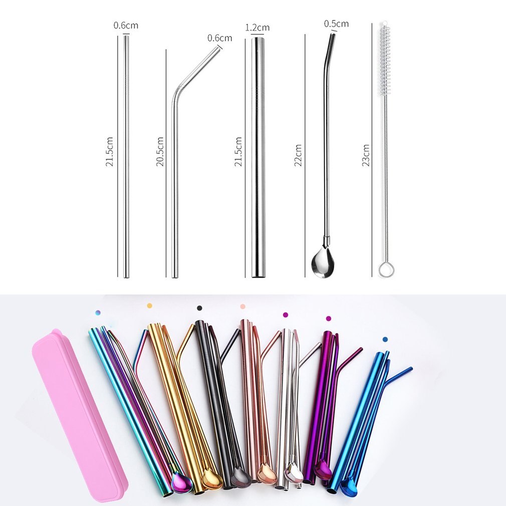 Set van 4 herbruikbare drinkrietjes van roestvrij staal, recht gebogen, breed melkrietje, pipetlepelset met reinigingsborstel en etui