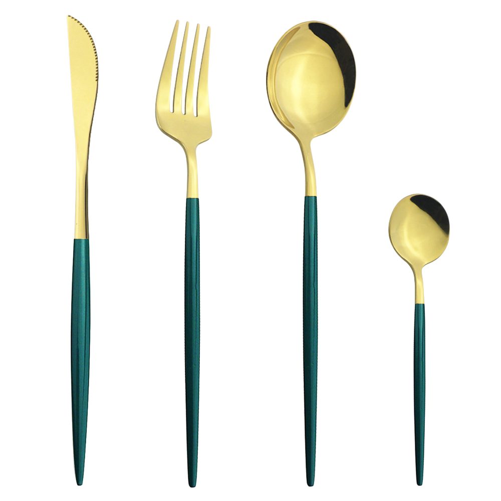 Schwarz Silber Besteck Set Abendessen Messer Dessert Gabel Löffel Stäbchen Geschirr Set Edelstahl Besteck Küche Geschirr: 4Pcs Green Gold