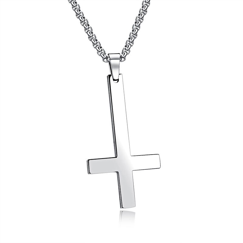 Collares con colgante de Cruz de Jesu de pie boca abajo para hombres collar de oración de acero inoxidable joyas de religión masculina al por mayor GJ-06: Silver