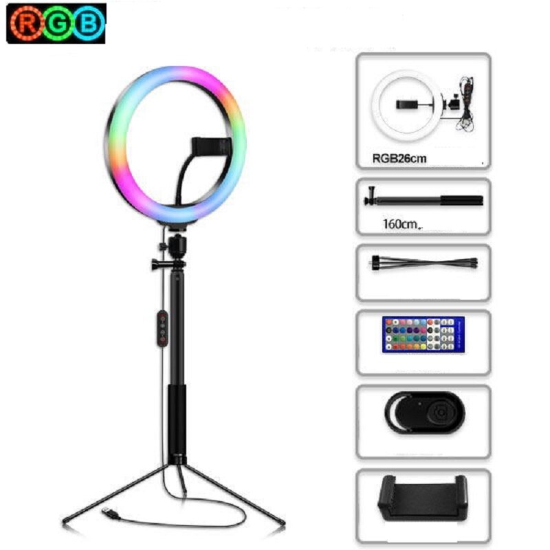 10" Selfie Ring Light Bluetooth Extendable Tripod Stands Phone Holder LED RGB Camera Halo Light for Photography With Remote: 160cm Tripod