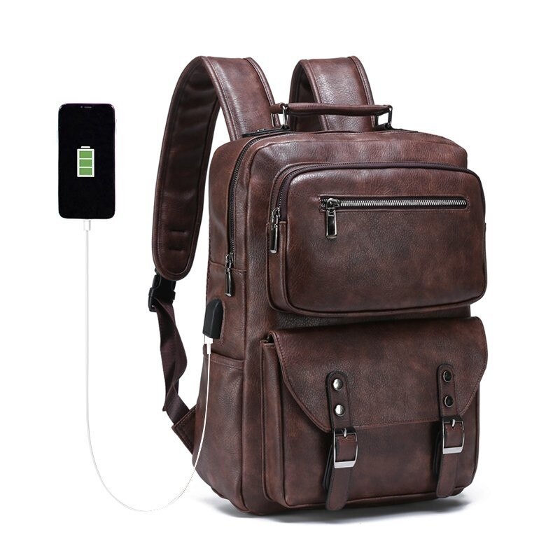 Mochila Vintage de cuero Pu para hombre, morral de viaje de negocios para ordenador portátil, de gran capacidad bolso de hombro, mochilas escolares para estudiantes