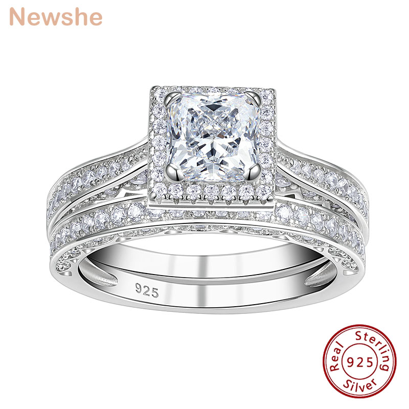 Newshe 2-teiliges Ehering-Set aus echtem 925er-Sterlingsilber, klassischer Schmuck, 0,8 Karat, Princess-Schliff, AAAAA-CZ, Verlobungsringe für Frauen