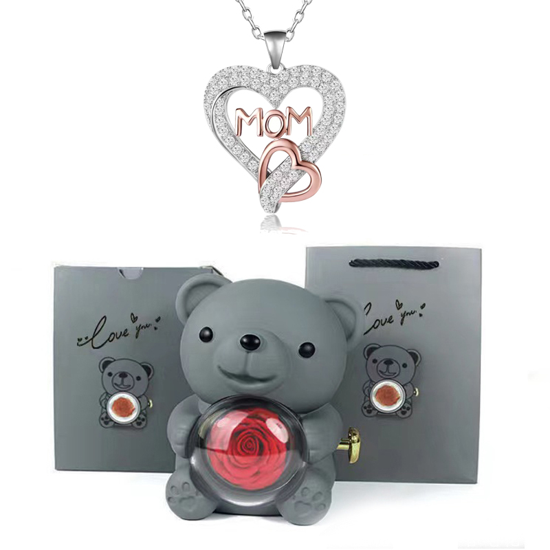 Collares con colgante de mamá de circón en forma de corazón con caja de de flor rosa de oso bonito adecuada para Navidad Día de la madre sorpresa romántica: Chapado en platino