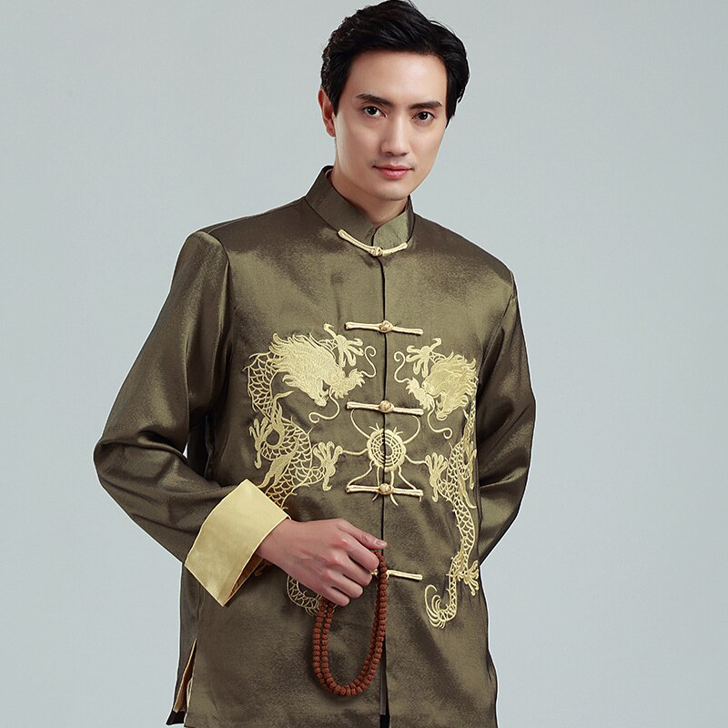 Chinese Kung Fu Geborduurde Gouden Dubbele Draak Tang Pak Mannen Met Lange Mouwen Jas Lente Herfst Leisure Kraag Jas bruce Lee