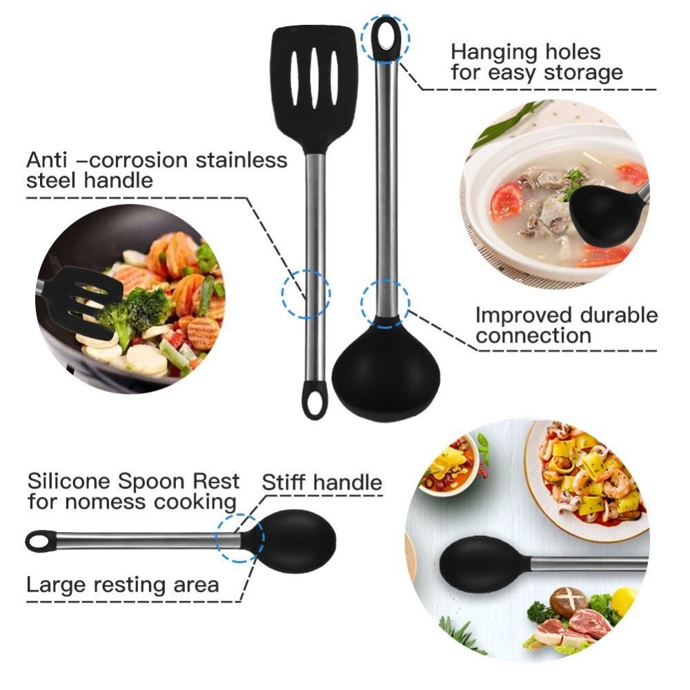 9Pcs Silicone Cooking Utensils Set Stainless Steel Handle Kitchen Utensil Set with Storage Box Serving Spatula Spoon Tongs Whisk