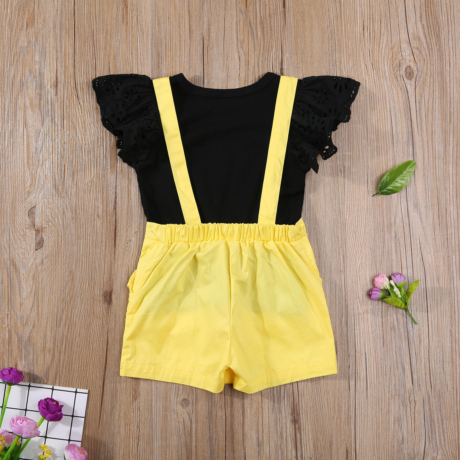 Camicia a maniche corte per bambini neonate Fly + bretelle culotte, decorazione tascabile stile semplice abbigliamento estivo 2-7T