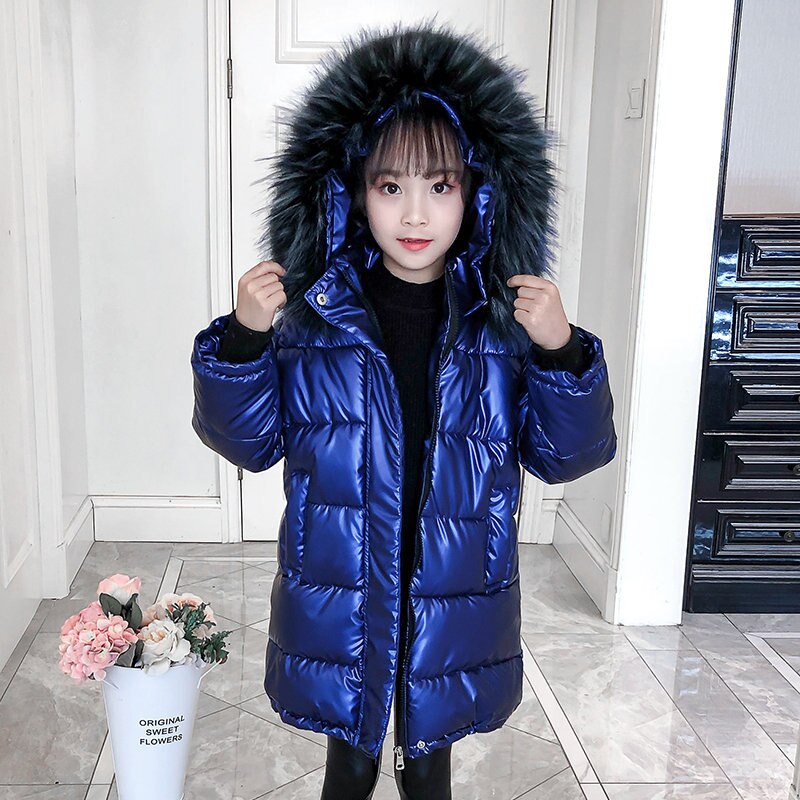 Drenge pige vinter parka jakke frakke med pels hætte luksus bomuldspolstret pige overtøj 4-13 år børn vandtæt hættetrøjer outfit: Blå / 5