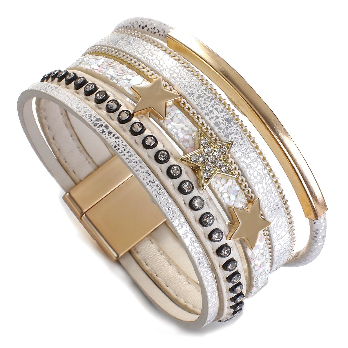 Flashbuy Trendy Gold Color Stars Leather Bracelet for Women Multilayer Wide Wrap Bangles Couple Jewelry: white