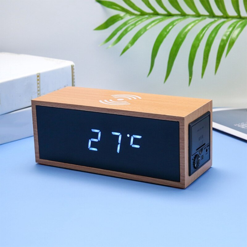 Wooden Alarm Clock with Bluetooth Speaker LED Digital Clock Wireless Charging Mobile Phone Wooden Thermometer Clock