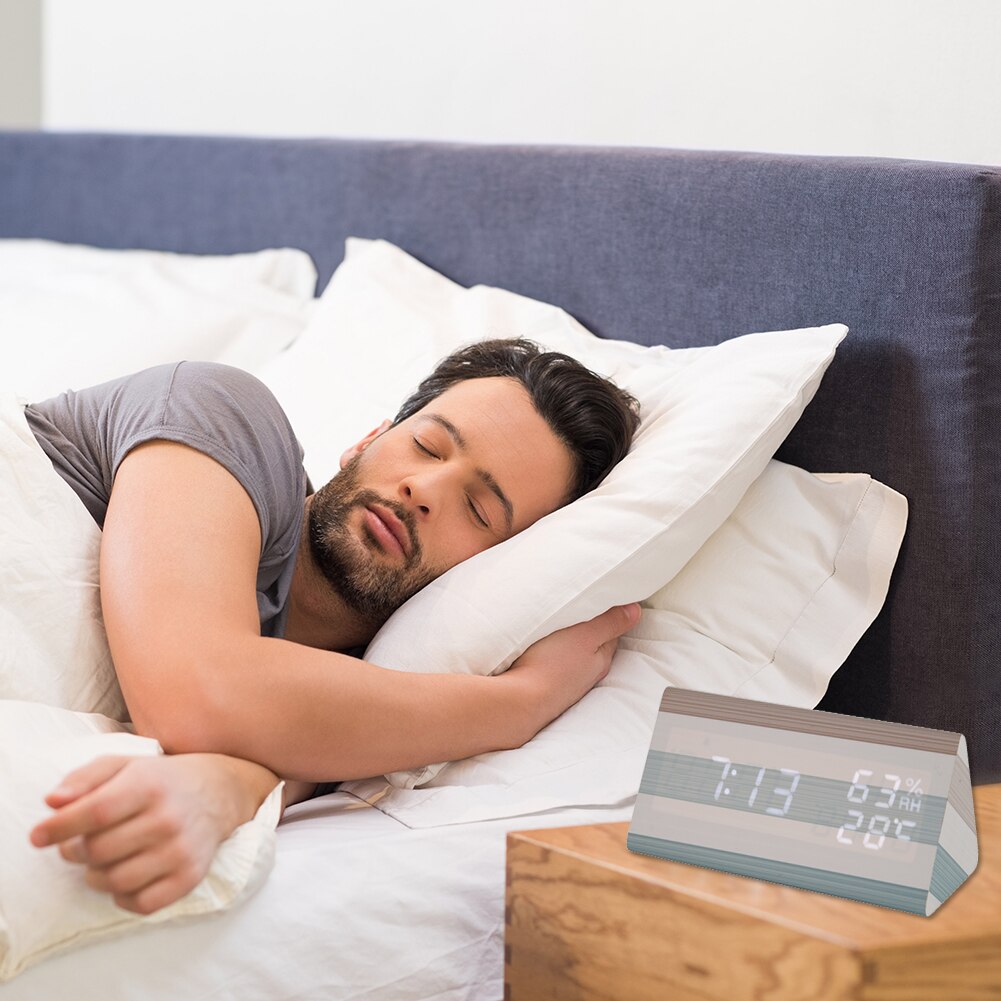 Wooden Digital LED Alarm Clock Adjustable Sound Control Temperature Humidity Table Watch Home Bedroom Desktop Decor