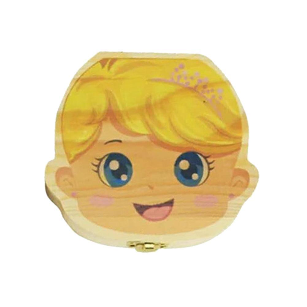 Wood Tooth Box 4 Patterns Baby Kids Tooth Box Storage Baby Milk Teeth Collect Organizer Spanish English French Russian Case: Engliah  Yellow Girl