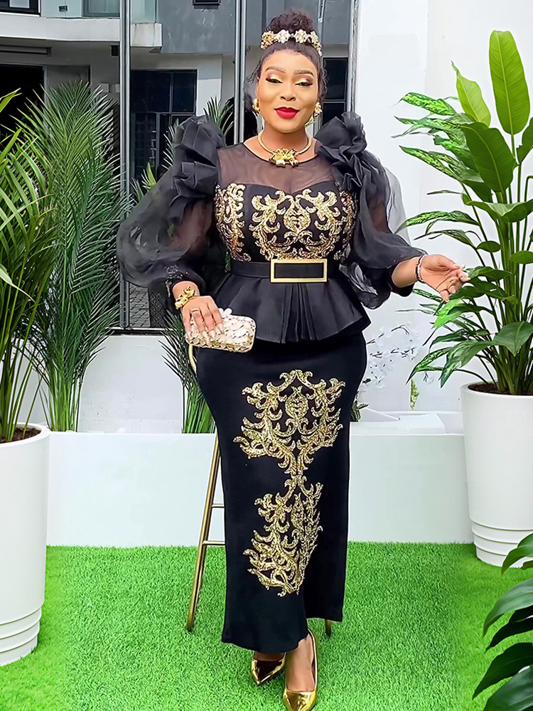 Sommarfestklänningar damer lyxiga bodycon maxi-badrock puffärmade klänningar afrikanska kläder bröllopsbalklänningar: L / Svart