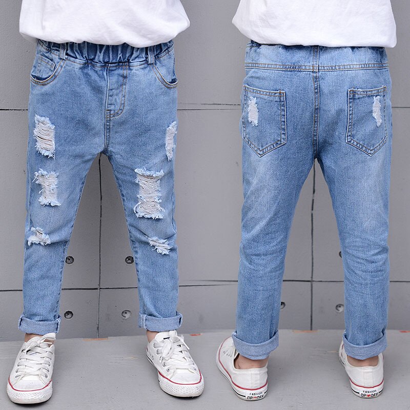 Casual Jongens Jeans Solid Elastische Taille Lange Kinderen Broek Mode Losse Gaten Jongens Denim Broek Voor 6 8 10 12 Jaar Kinderen