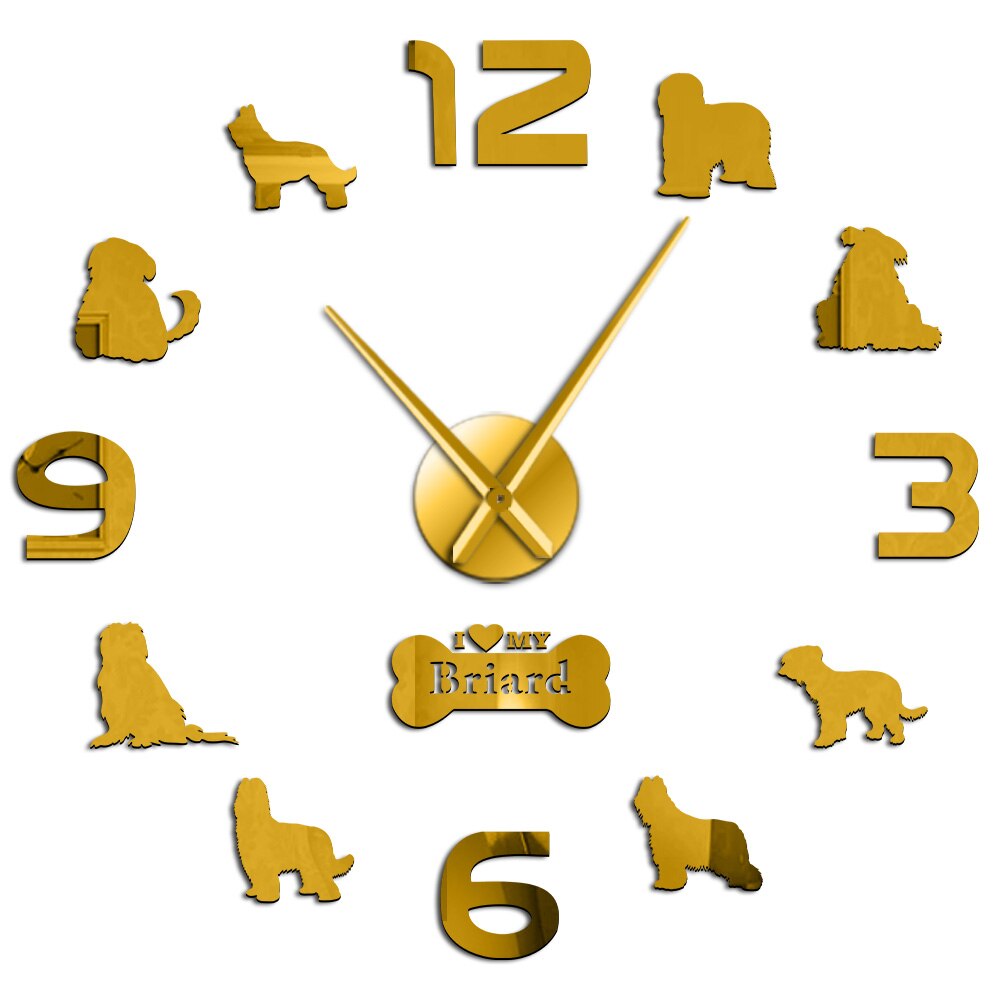 Horloge murale de la race de chien Briard, horloge de grande taille, moderne, autocollants muraux: Gold / 47inch