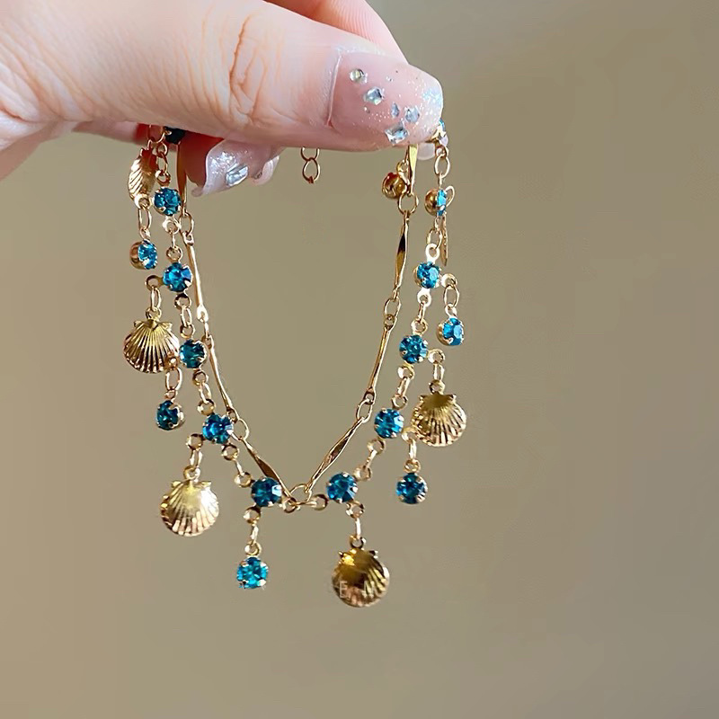 Francês romântico azul cristal concha borlas pulseira para mulheres luxo y2k bling pulseira especiarias meninas requintado jóias presente: Estampagem a quente