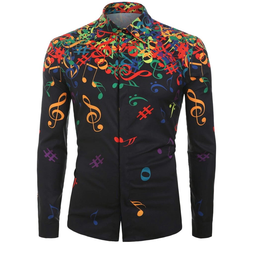 Hommes à manches longues chemise décontracté nouveauté Note de musique hommes chemises montre costume streetwear d91016