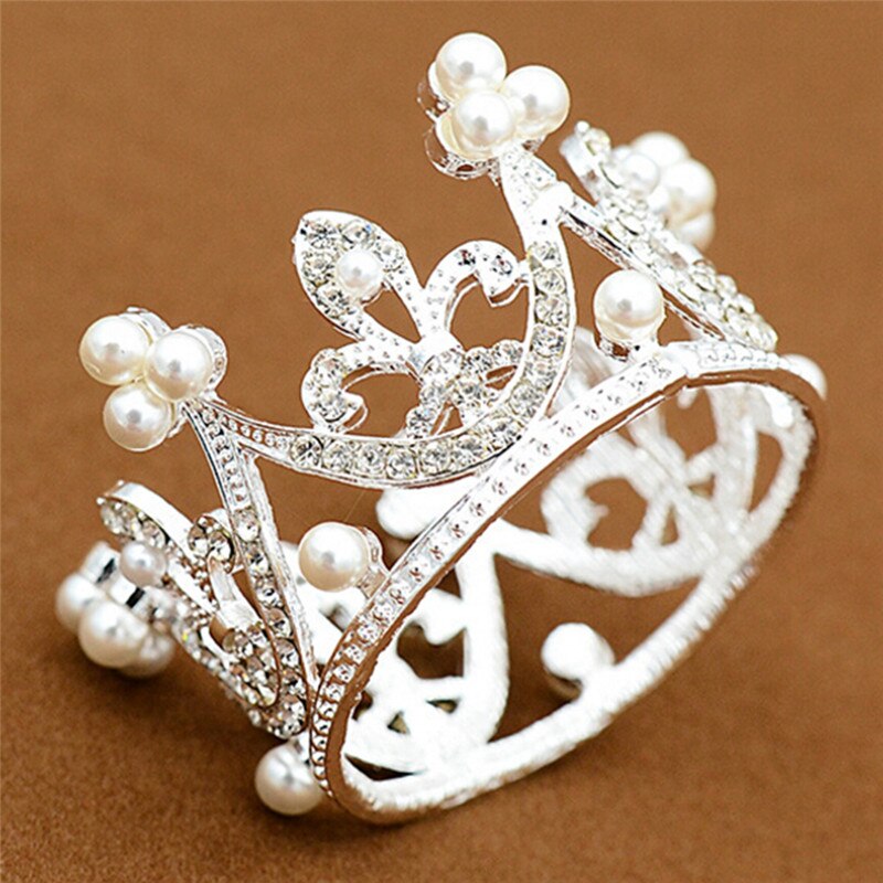 School Girl Small Size Pearl Tiara Crystal Flower Crown Tiaras Women Mini Tiara Wedding Hair Accessories Jewelry: Silver Plated