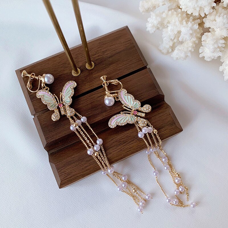 Temperamento barroco pérolas borboleta clipe brincos de luxo strass longo simulado pérolas borla borboleta clip em brincos: clip on earrings