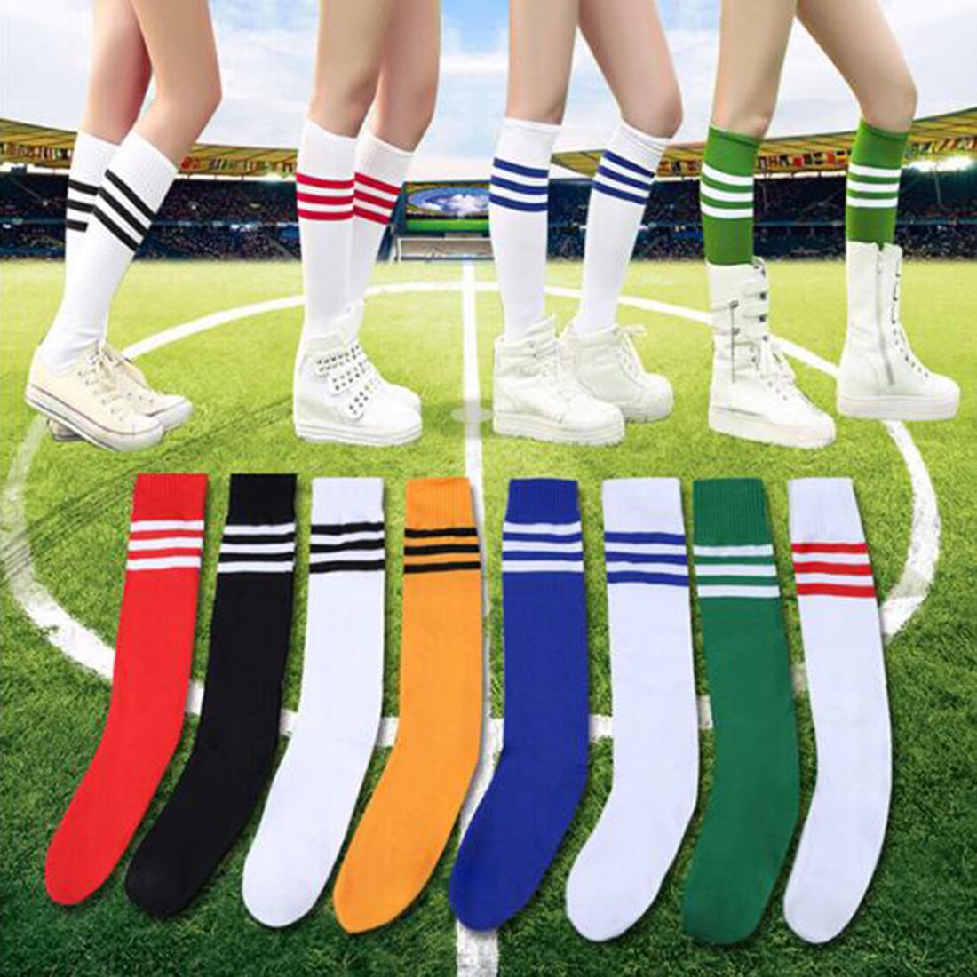 1 Pair Adult Striped Thicken Soccer Baseball Football Socks Over Knee Ankle Sports Long Cotton Socks for girl Women