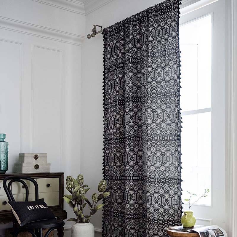 Boho Ethnic Curtains For Living Room Bedroom French Window Bay Window Screen Cotton Linen Tassel Curtain Cortinas para la sala