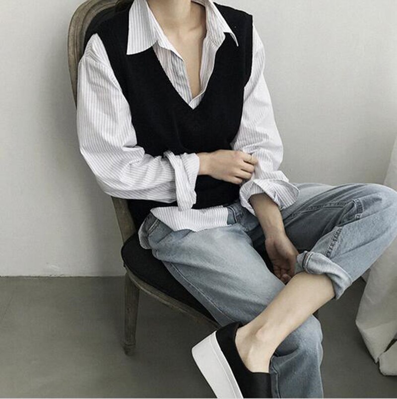 Høstgenser damevest koreansk elegant v-hals strikket genser kvinne solid høst vinter vintage ermeløs casual genser