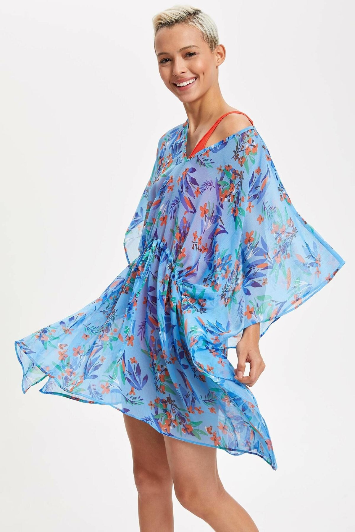 DeFacto V-Neck Chiffon Dress - Printed Ruffle Summer Dress for Women