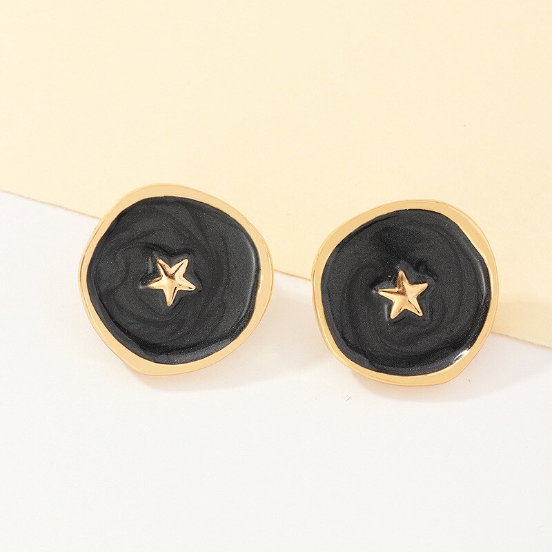 Cute Sweet Moon Star Stud Earrings for Women Korea Style Enamel Round Coin Statement Earrings Party Jewelry: Black