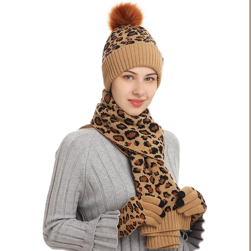 Driedelige Vrouwen Handschoen Gebreide Hoeden Sjaal Handschoenen Set Hoed Pompon Winter Warm Mitten Cap Beanie Sets Caps mode Zachte Herfst: khaki