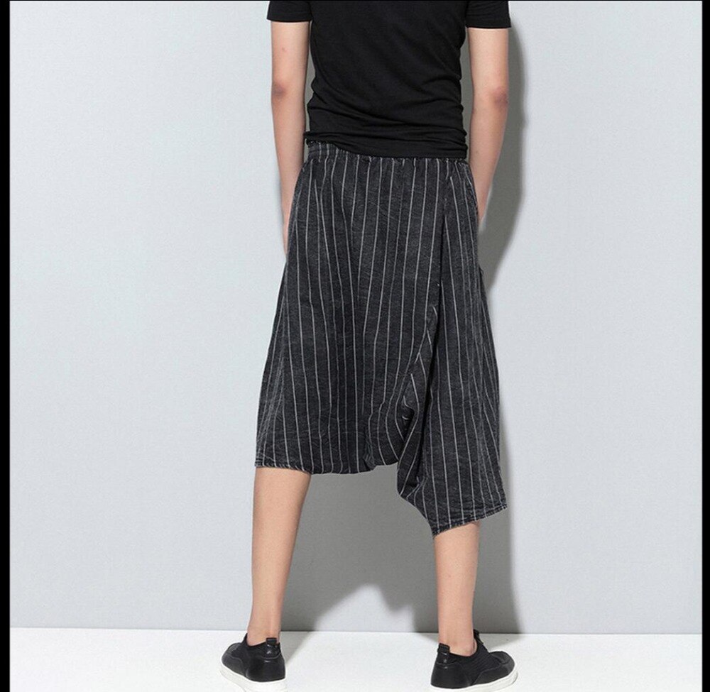 Korean Striped Culottes Cross-pants Casual Pants Men Tide Calf Length Hanging Crotch Harem Pants Hairstylist Singer Costumes