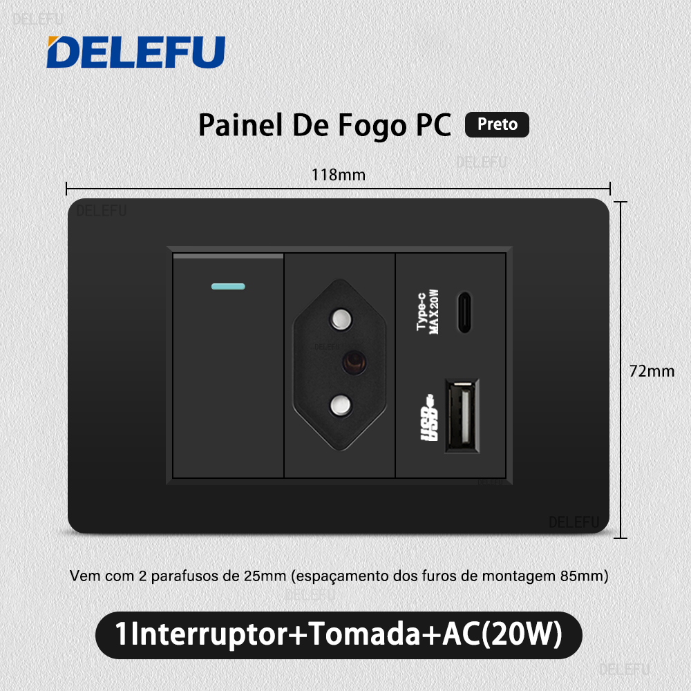 DELEFU Panel de PC ignífugo doble USB tipo C carga Brasil salida estándar interruptor de luz de pared negro enchufe eléctrico 10A 20A