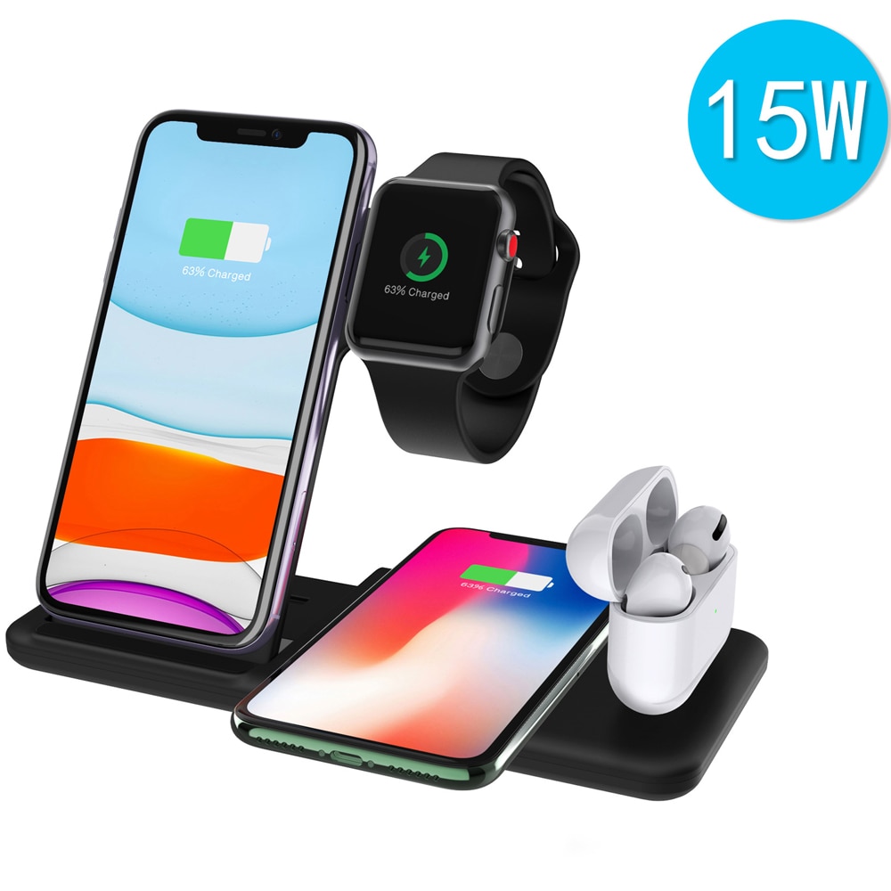Draadloze Oplader 4 In 1 15W Snelle Lading Dual Wiress Charging Stand Voor Iphone 11 X Xs Airpods Voor iwatch 5 4 Charge Dock Station