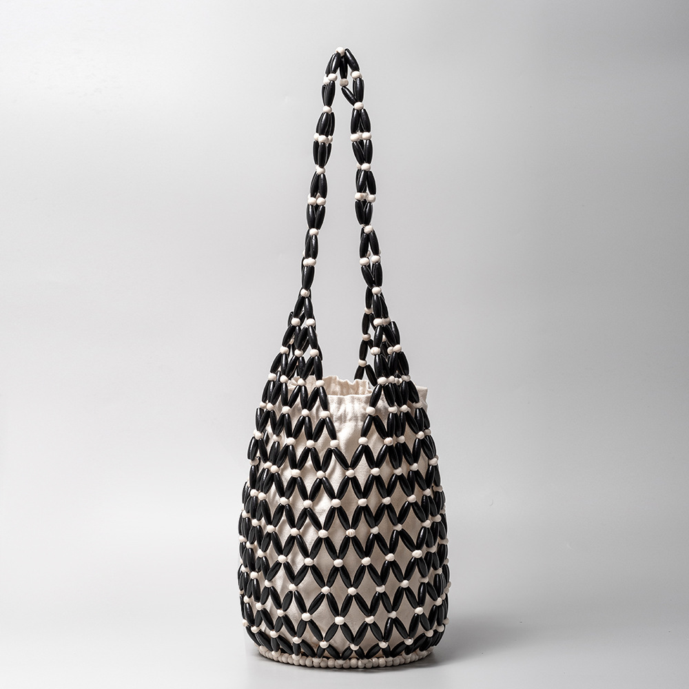 Sac à main tissé pour femmes, d'été, fourre-tout en perles de bois ajourées, sac à bandoulière seau, sac à main de plage en toile filet réticulé: Bleu