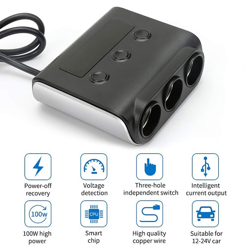 3-Sockets Sigarettenaansteker Splitter,100W 12V/24V Car Power Dc Outlet Adapter Met 3.6A 4 Usb Poorten Opladen Autolader