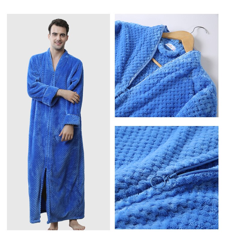 Menn glidelås sovekåpe ren farge dobbel dekk fortykket behagelig varm strikket langermet løs flanell myk pyjamas badekåpe