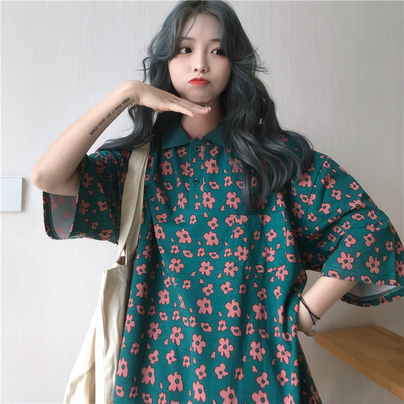 Polos japonais oversize pour femmes, bleu et jaune, manches courtes, ample, imprimé cœur, été,  l0735