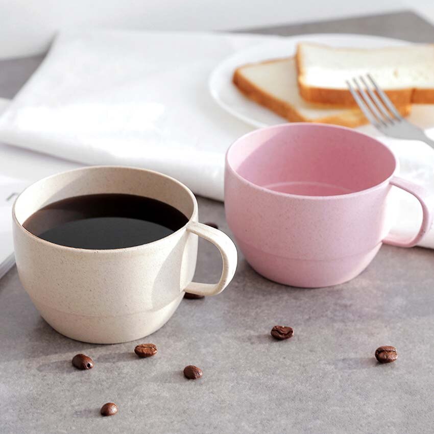 Tasse créative en paille de blé 250ml, 2 pièces, tasse à café, lait, petit déjeuner, joli, idée de pour les bébés et les enfants: 1 Pink and 1 Beige