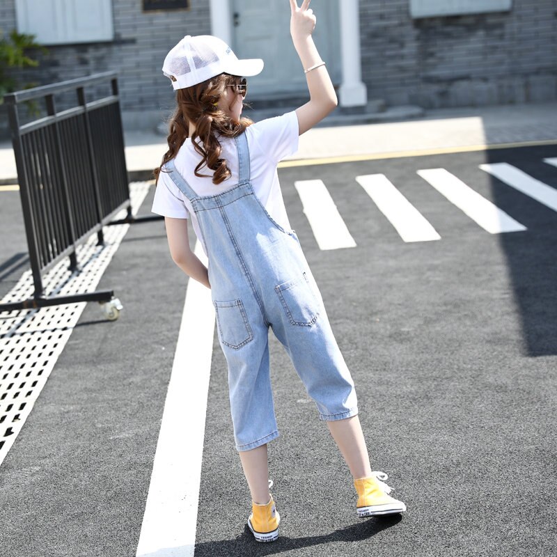 Sommer freundlicher Mädchen Denim Hosenträger Hosen Schulter Gurt Kalb-Länge Hosen Jugendliche Mädchen Jahrgang Jeans Insgesamt mit Kristall Tasche