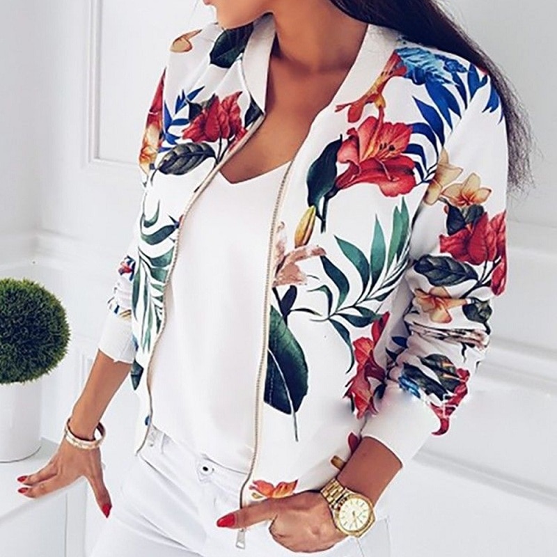 Women Floral Jackets Spring Summer Long Sleeve Zipper Print Bomber Jacket Casual Pocket Slim Female Outwears Plus Size