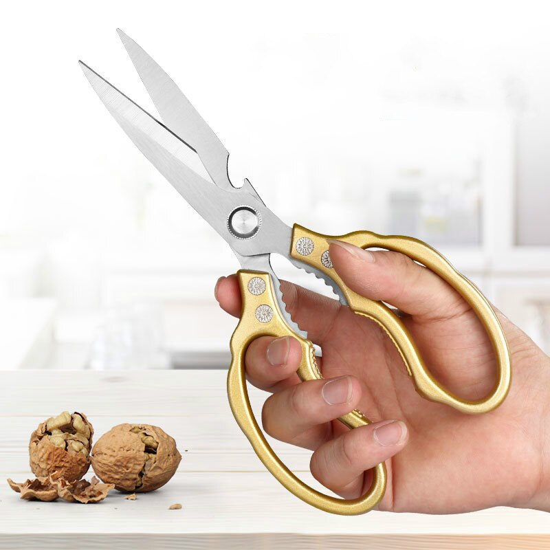 Tijeras doradas de aleación de aluminio, tijeras de cocina multifunción de acero inoxidable, abridor de botella de Cascanueces, utensilios domésticos de cocina G: Oro