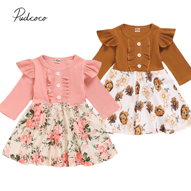 Infant Kids Baby Meisje Patchwork Jurk, Peuter Lange Mouw Ronde Hals Decoratieve Knop Geribbelde Jurk Ruche Kleding