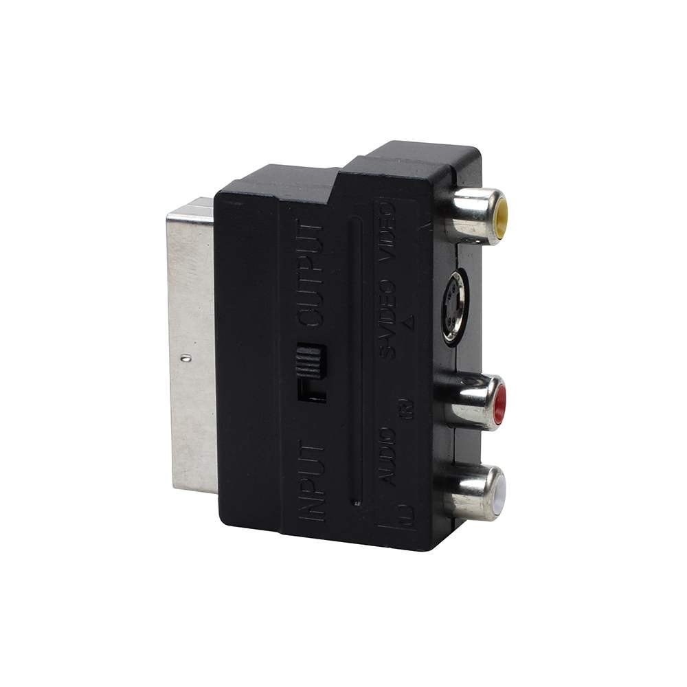 21 -stifts scart-adapter av svart  to 3 rca phono komposit s-video med in/ut-omkopplare scart-adapter av scart till rca triple 3 x phono
