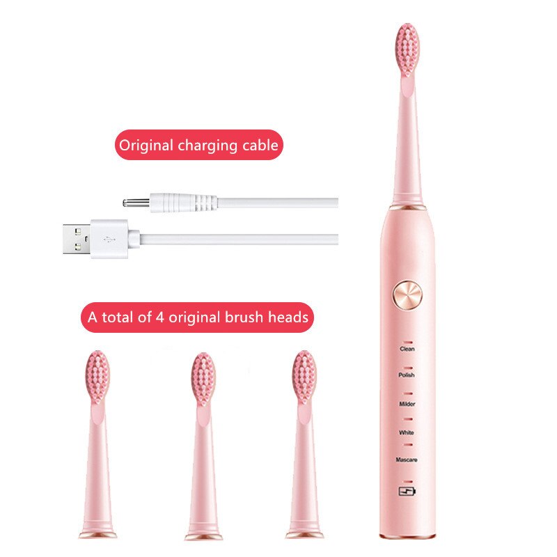 VIP Powerful Ultrasonic Sonic Electric Toothbrush USB Rechargeable Tooth Brush Adult Electronic Washable Whitening Teeth Brush: YS003-Pink 4 heads