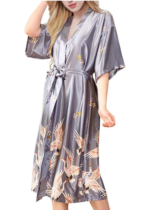 Grau Satin- Lange Bademantel Frauen Hochzeit Braut Brautjungfer Kleid Nachthemd Nachtwäsche Druck Kran Kimono Größe S M L XL XXL XXXL