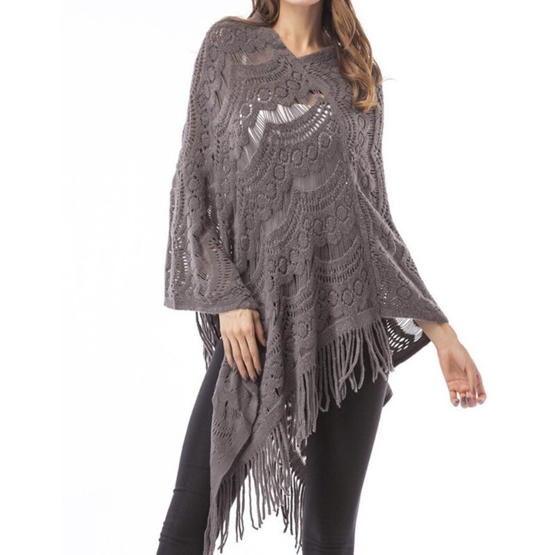Women Hollow Out Crochet Sweater Cape Pullover Knit Shawl Scarf Tassel Poncho M89E