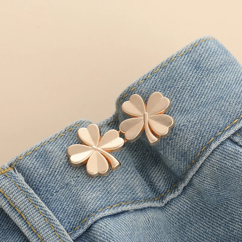 Botón de cintura con lazo para apretar, hebilla de cintura ajustable en forma de estrella y flor, sin costura, broche para pantalones, alfileres de fijación para pantalones vaqueros reutilizables: Verde negro / Latón Plateado