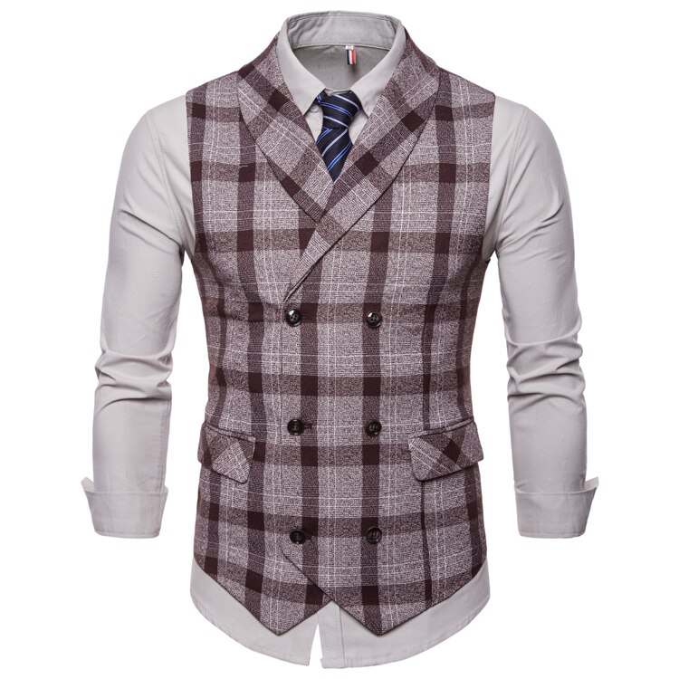 Ffxzsj mænd vest rød plaid vest dobbeltradet v-hals krave afslappet stil slim fit bryllupsfest slid plus size vest mænd: Kaffe / Xxl
