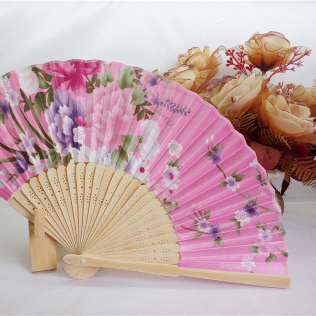 Portable Fan Japanese Style Women's Hand Held Folding Fan No. 8 Beautiful Cherry Color Satin Fan with Bamboo Frame