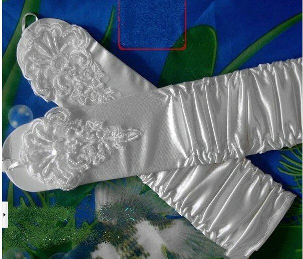 Longue robe de mariée en Satin noir, gants plissés avec perles brodées, dentelle sans doigts