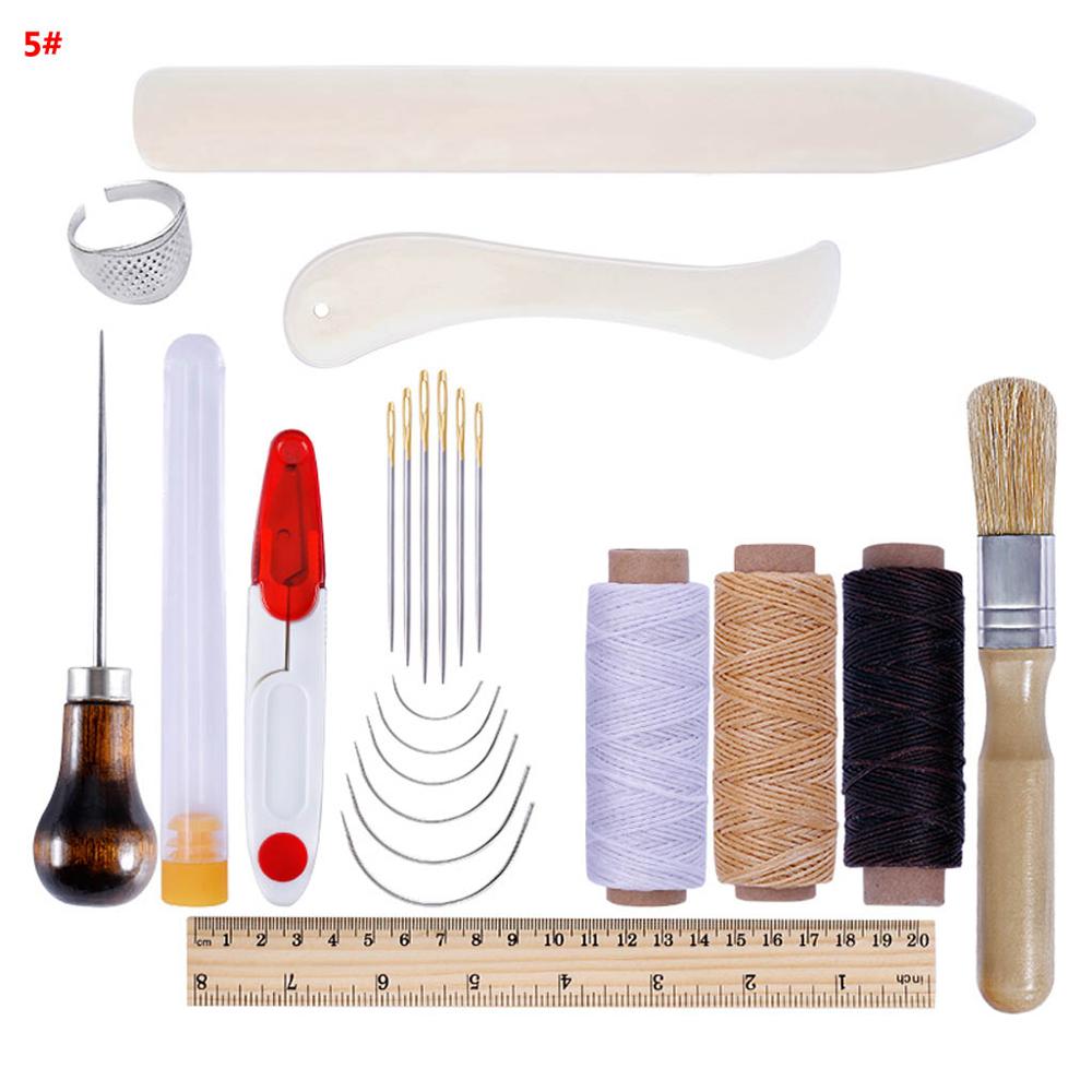 Leather Craft Hand Stitching Sewing Tools Kit Waxed Thread Awl Thimble Scissors Needles Ruler Set DIY Manual Leathercraft: 5