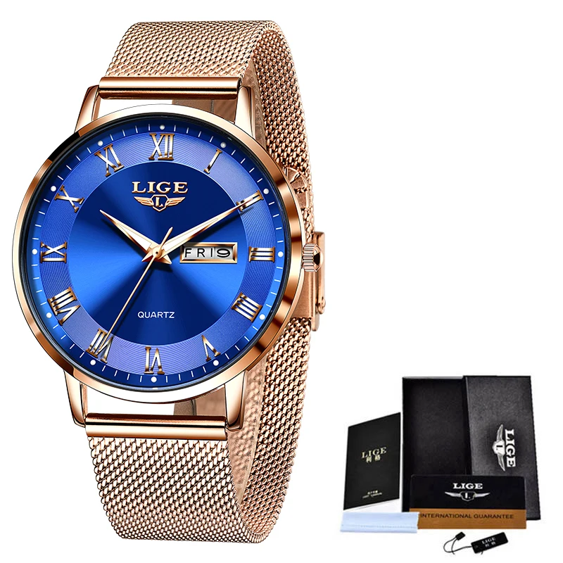LIGE, reloj de lujo a la para mujer, resistente al agua, correa de malla de acero y oro rosa, relojes de pulsera para mujer, relojes de pulsera, reloj femenino: Bronze